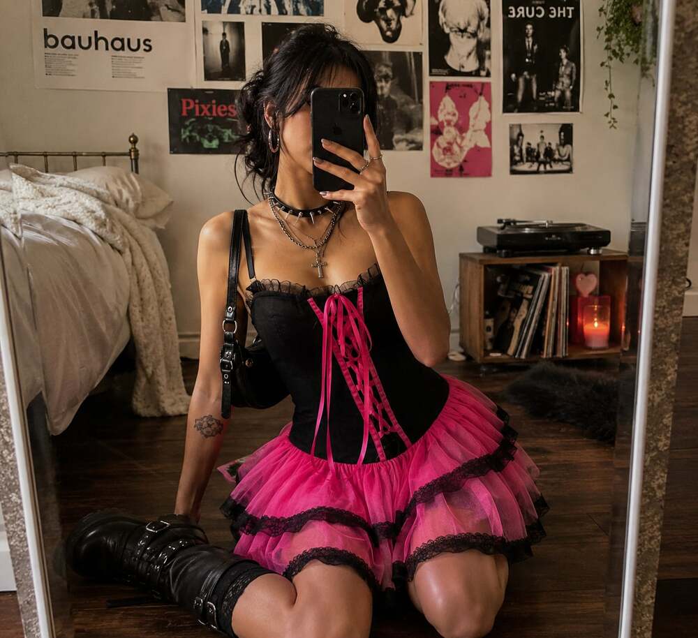 Widow Dolls Kill Pink Black Corset Babydoll Dress Goth S - Picture 2 of 12